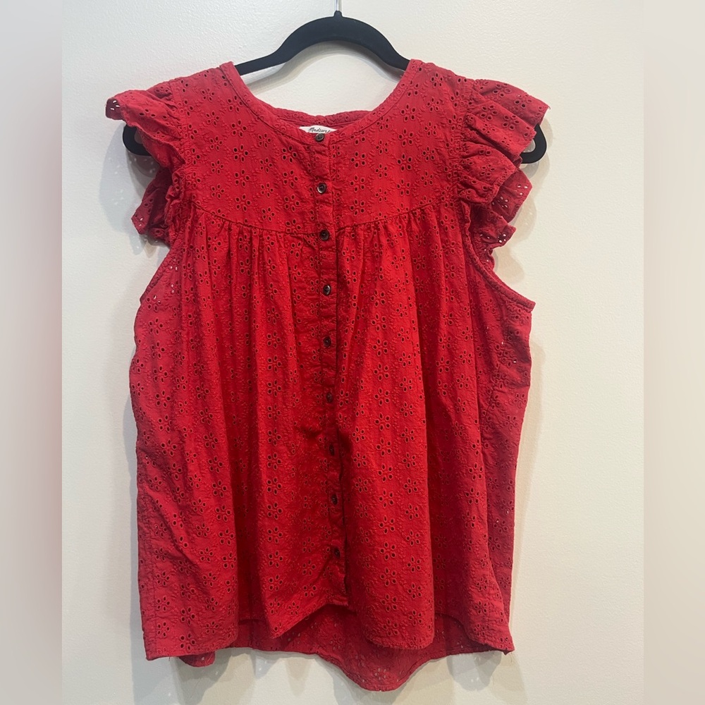 Madewell Red Eyelet Ruffle Sleeve Top